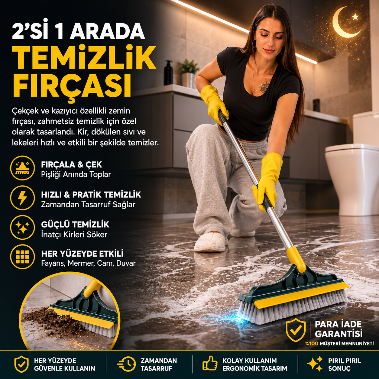 Profesyonel 2'si 1 Arada Temizlik Fırçası ve Çekçek